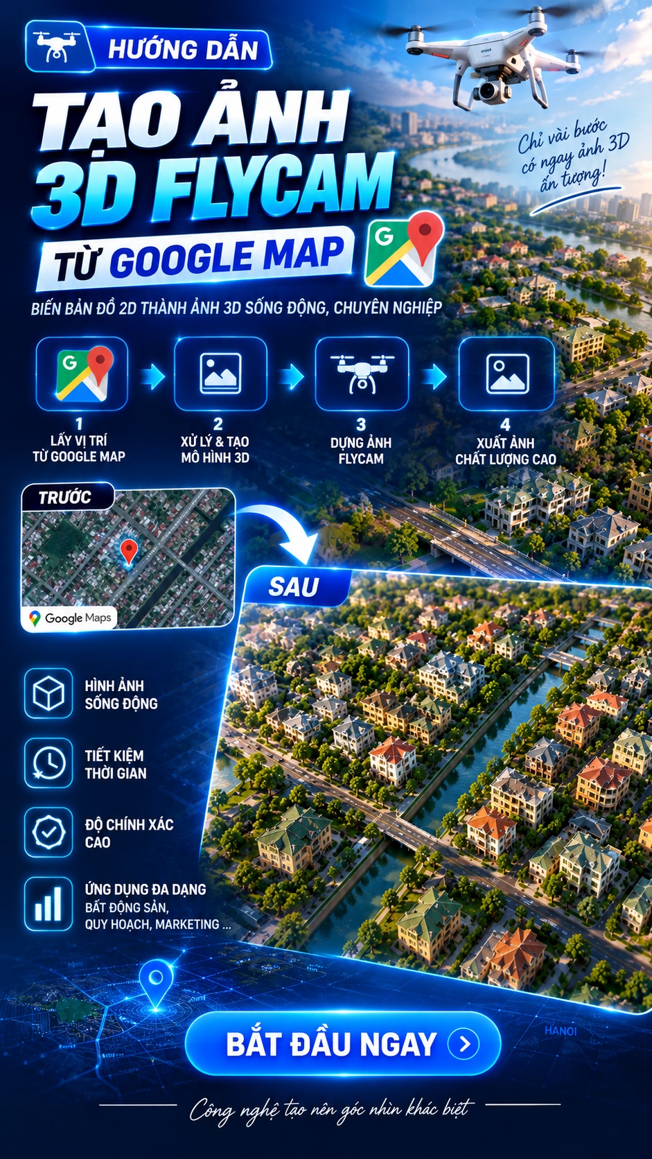 Tạo ảnh 3D FLYCAM từ ảnh Google Map